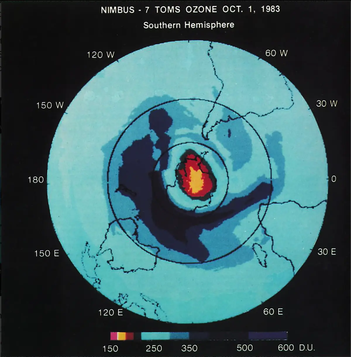 Satellite map shows ozone above Antarctic in 1983