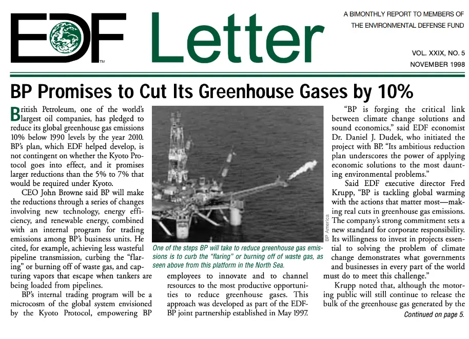Environmental Defense Fund newsletter hails BP's new emissions trading scheme