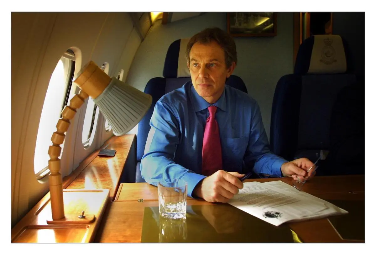 UK prime minister Tony Blair on a flight to Sedgefield, 2002