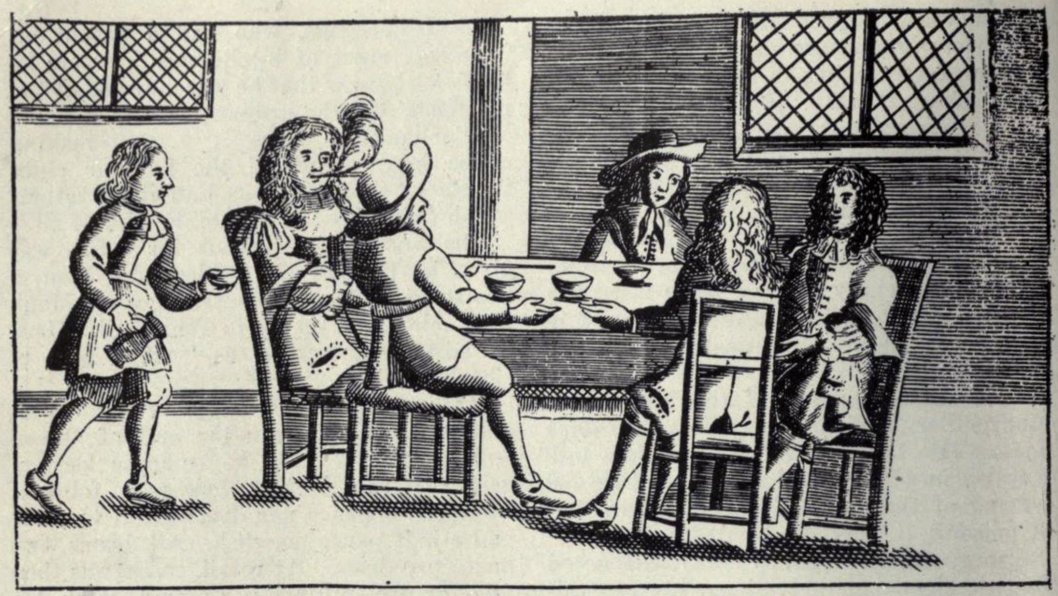 A woodcut illustration of a coffee house.