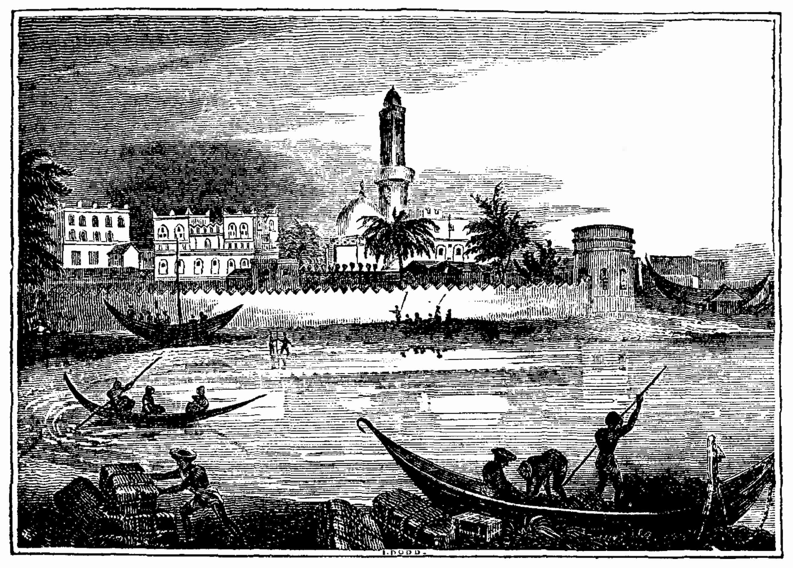 An illustration of the port of Mocha, small boats move in the water infront of a walled settlement.