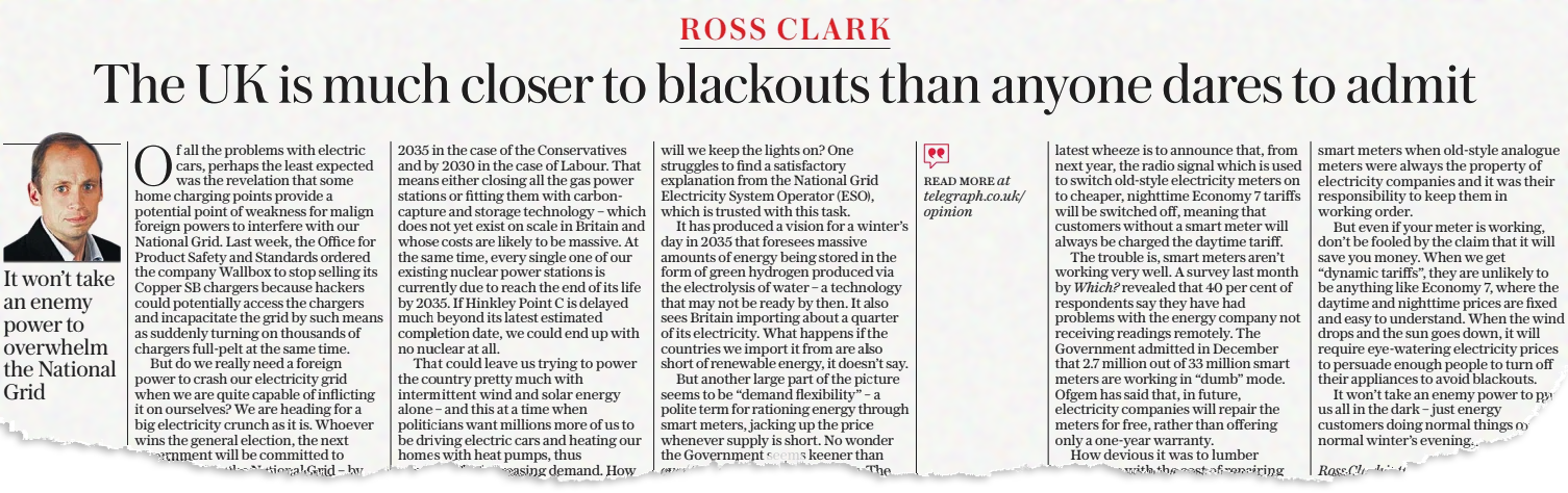 A newspaper clipping, the headline reads: "The UK is much closer to blackouts than anyone dares to admit" it's written by Ross Clark