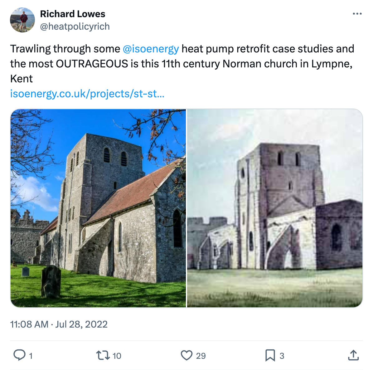 A social media post by Richard Lowes (@heatolicyrich) Trawling through some @isoenergy heat pump retrofit case studies and the most OUTRAGEOUS is this 11th century Norman church in Lympne, Kent https://isoenergy.co.uk/projects/st-stephens-church"