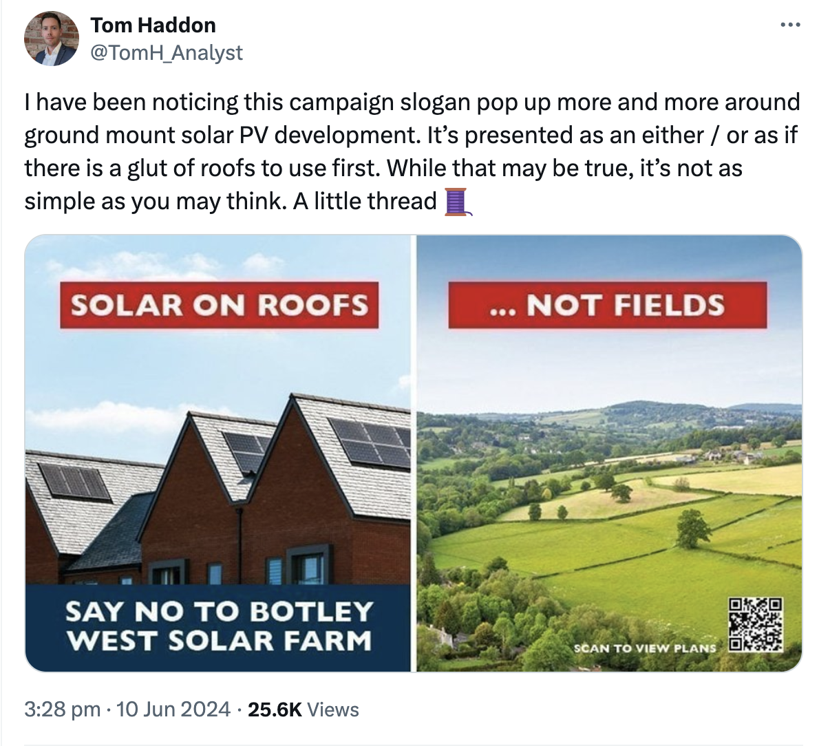 A tweet from Tom Haddon: "I have been noticing this campaign slogan pop up more and more around ground mount solar PV development. It's presented as an either / or as if there is a glut of roofs to use first. While that may be true, it's not as simple as you may think."