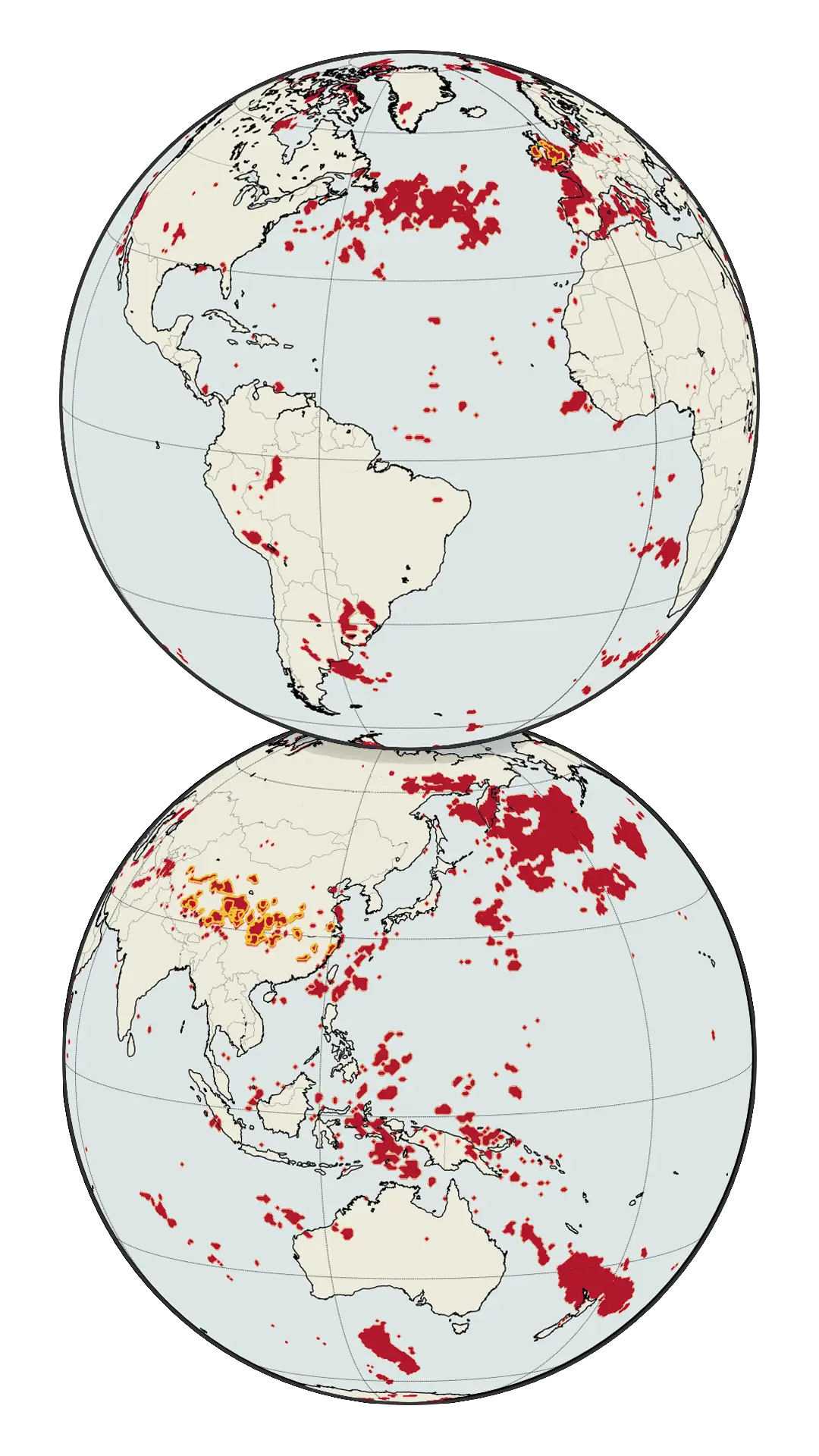 Map of world showing areas of record temperatures over past decade.