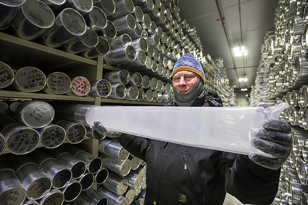 A one-meter section of an ice core stored at -36C at the National Ice Core Laboratory, Colorado, US. Credit: Jim West / Alamy Stock Photo.