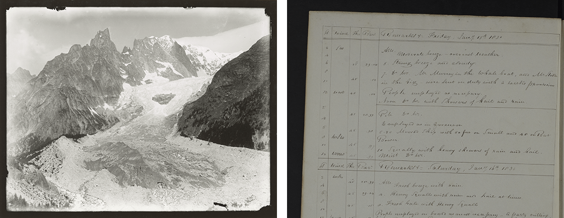 (Left): Brenva glacier, Italy, 1897. (Right): Historical meteorological recordings from the UK colonial registers, 1830.