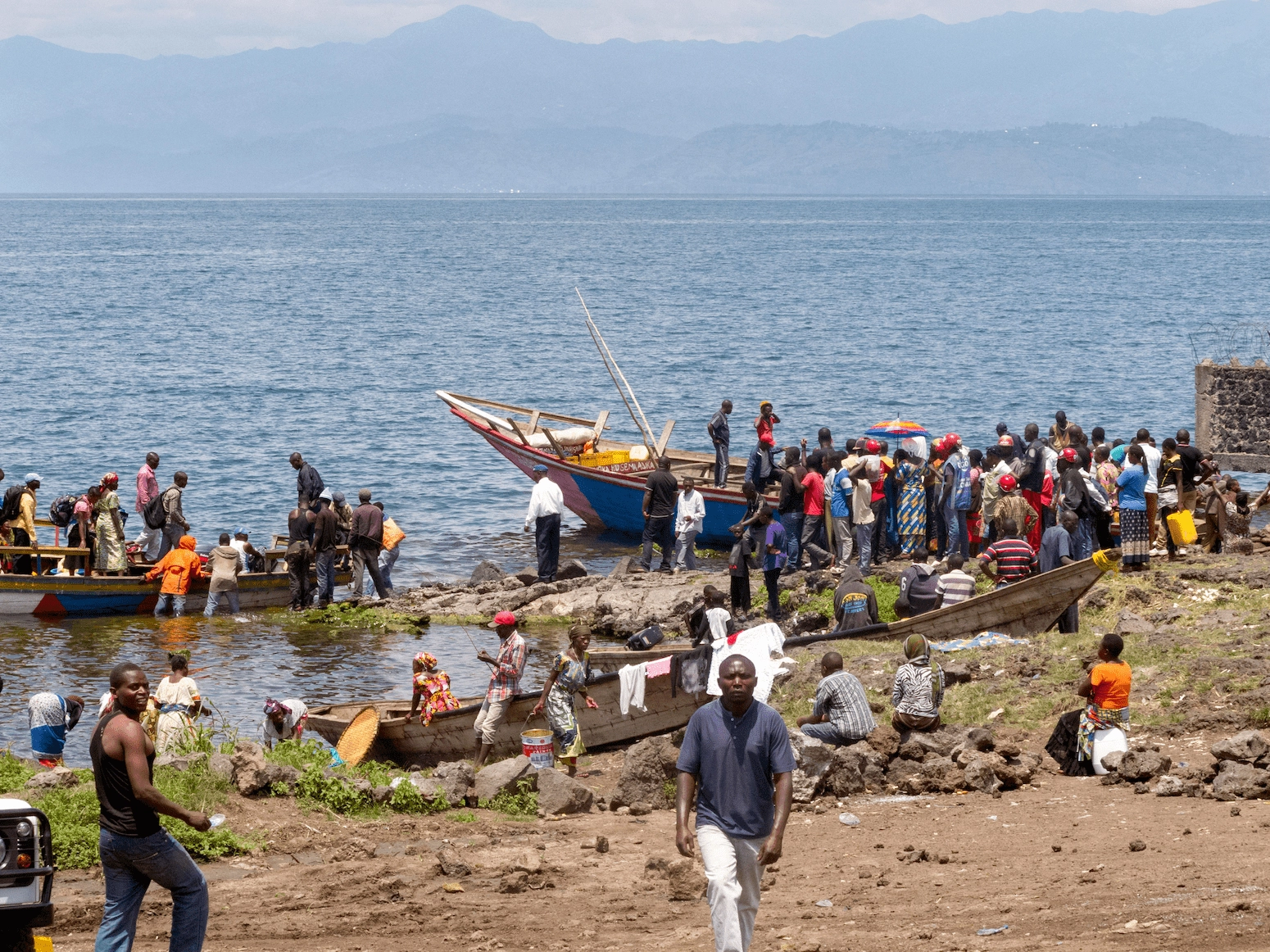 Fishermen bringing in their catch on the shores of Lake Kivu at Goma