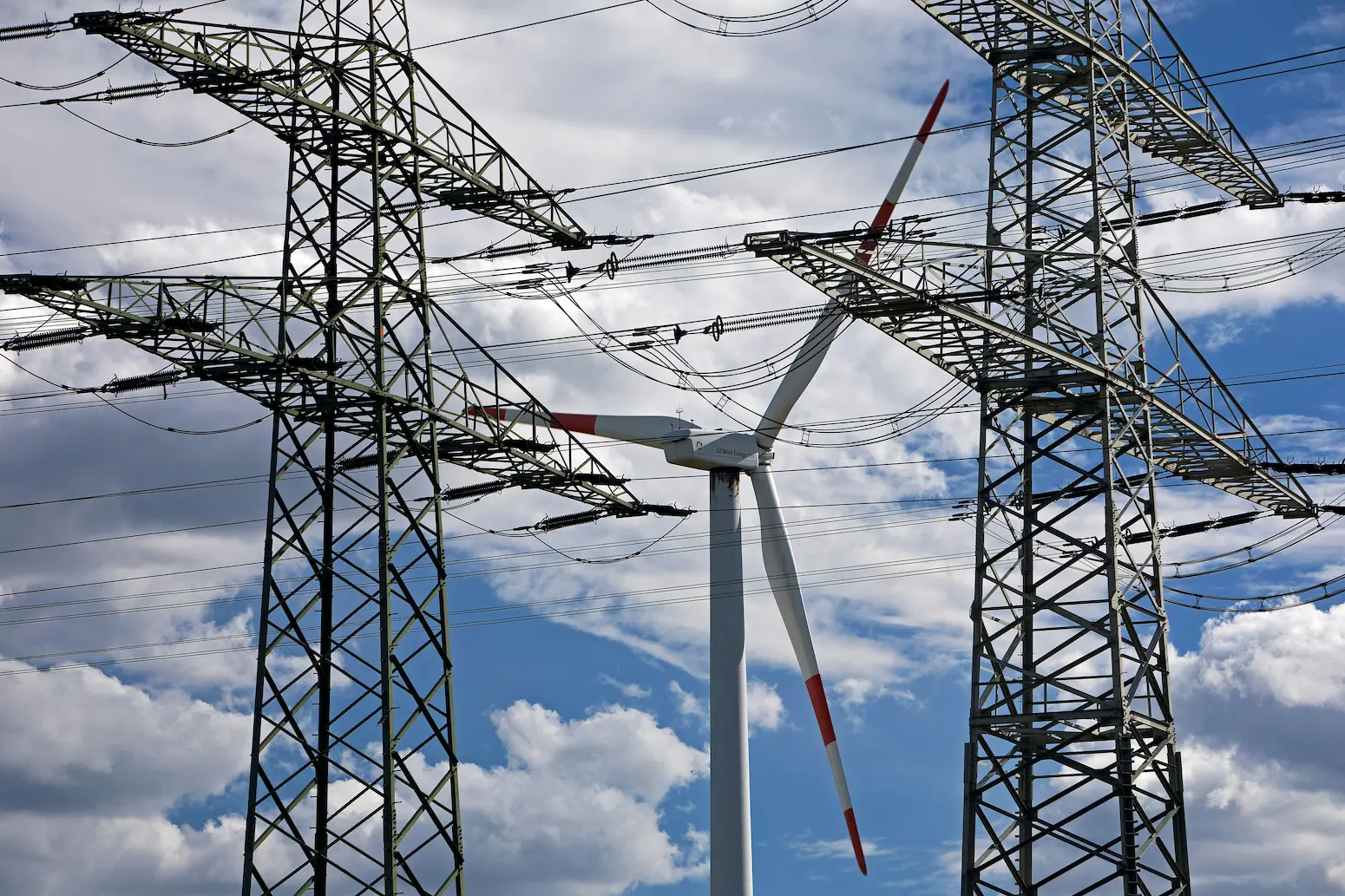 Overhead power lines and a wind turbine, Witten, North Rhine-Westphalia